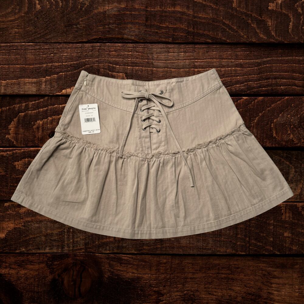 Free People Positano Tiered Lace-Up Back Ruffle Mini Skirt Champagne Size 12 - Picture 3 of 8